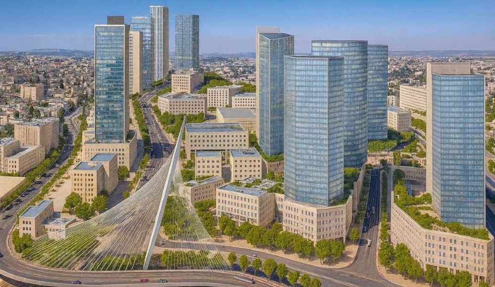 צילום של  מרכז העסקים החדש בכניסה לעיר -  מאבן ירושלמית לזכוכית מבריקה