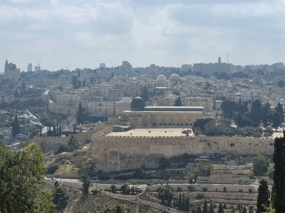 נוף עוצר נשימה ונצחי של העיר העתיקה של ירושלים המשתרע מעבר לאופק.