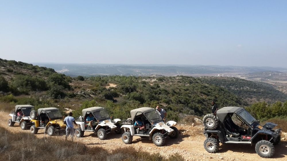 כרכרות שטח של מצוק עמדו בתור בנקודת תצפית על ראש גבעה עם עמק ירוק