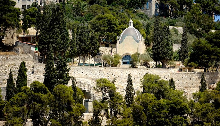 Inspiration and holiness in the Land of Israel: The majestic Church of Dominus Flevit set among Jerusalem stone and lush vegetation: (Courtesy of Bein Harim Tours)