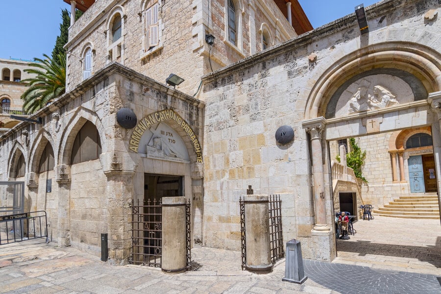 The pilgrim route along the Via Dolorosa to the Church of the Holy Sepulcher